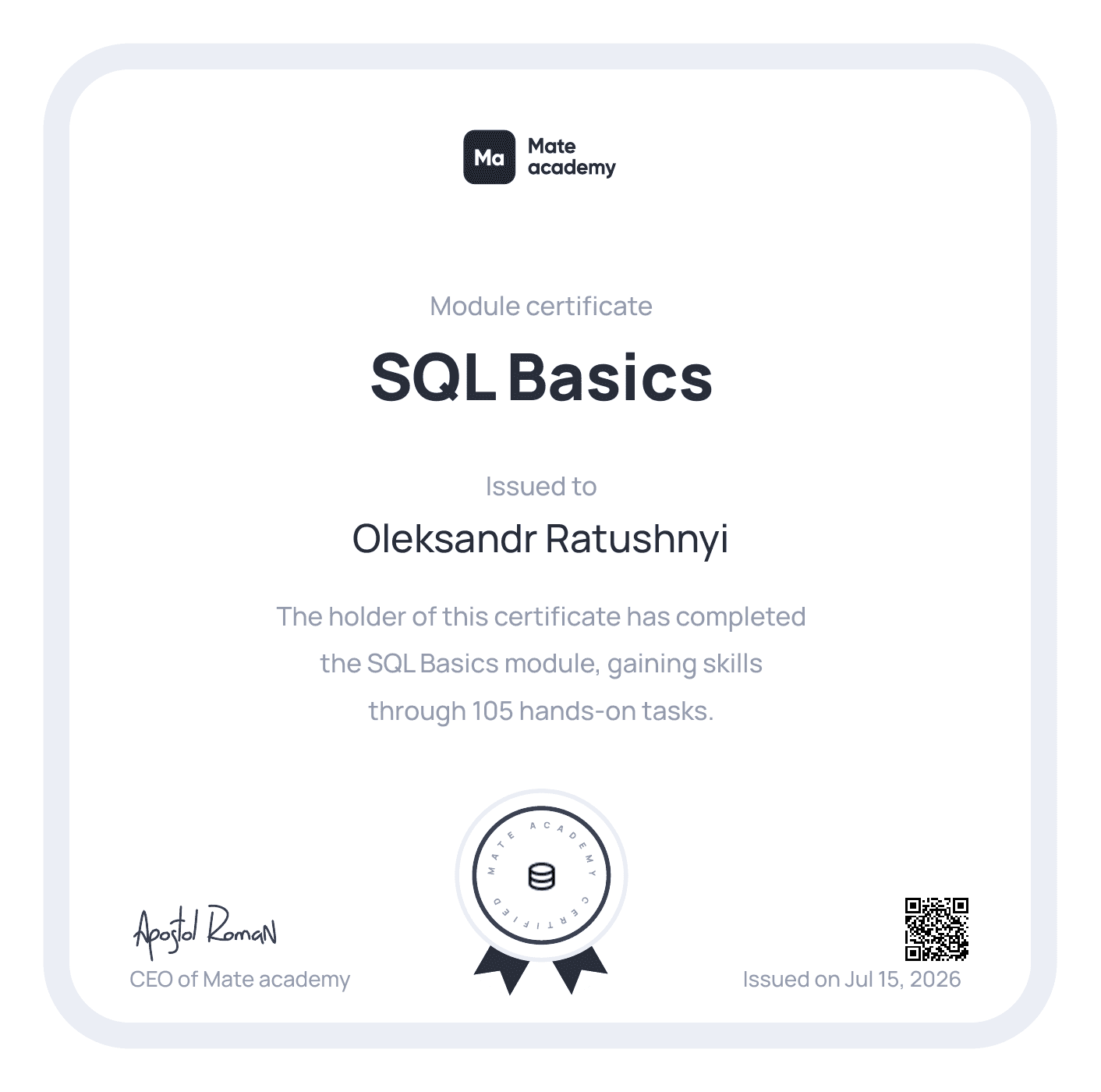 Oleksandr Ratushnyi SQL Basics (Mate academy)