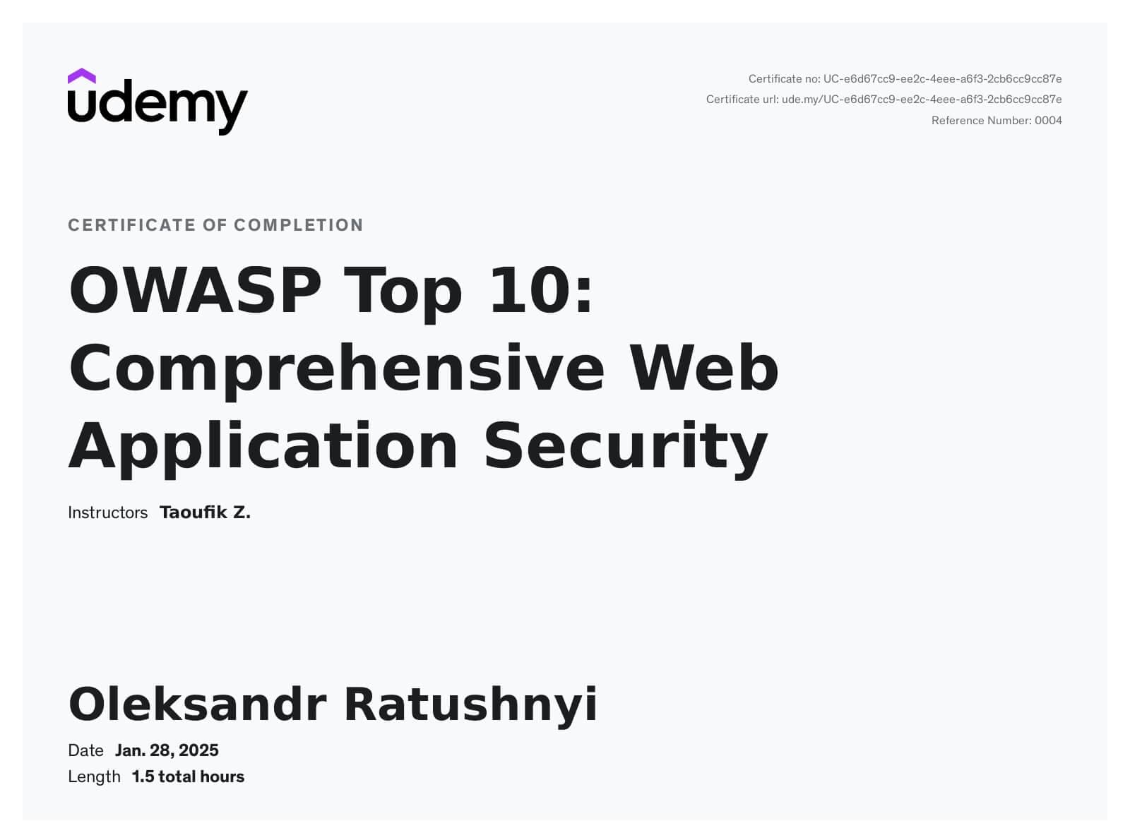 Oleksandr Ratushnyi OWASP Top 10: Comprehensive Web Application Security (Udemy)