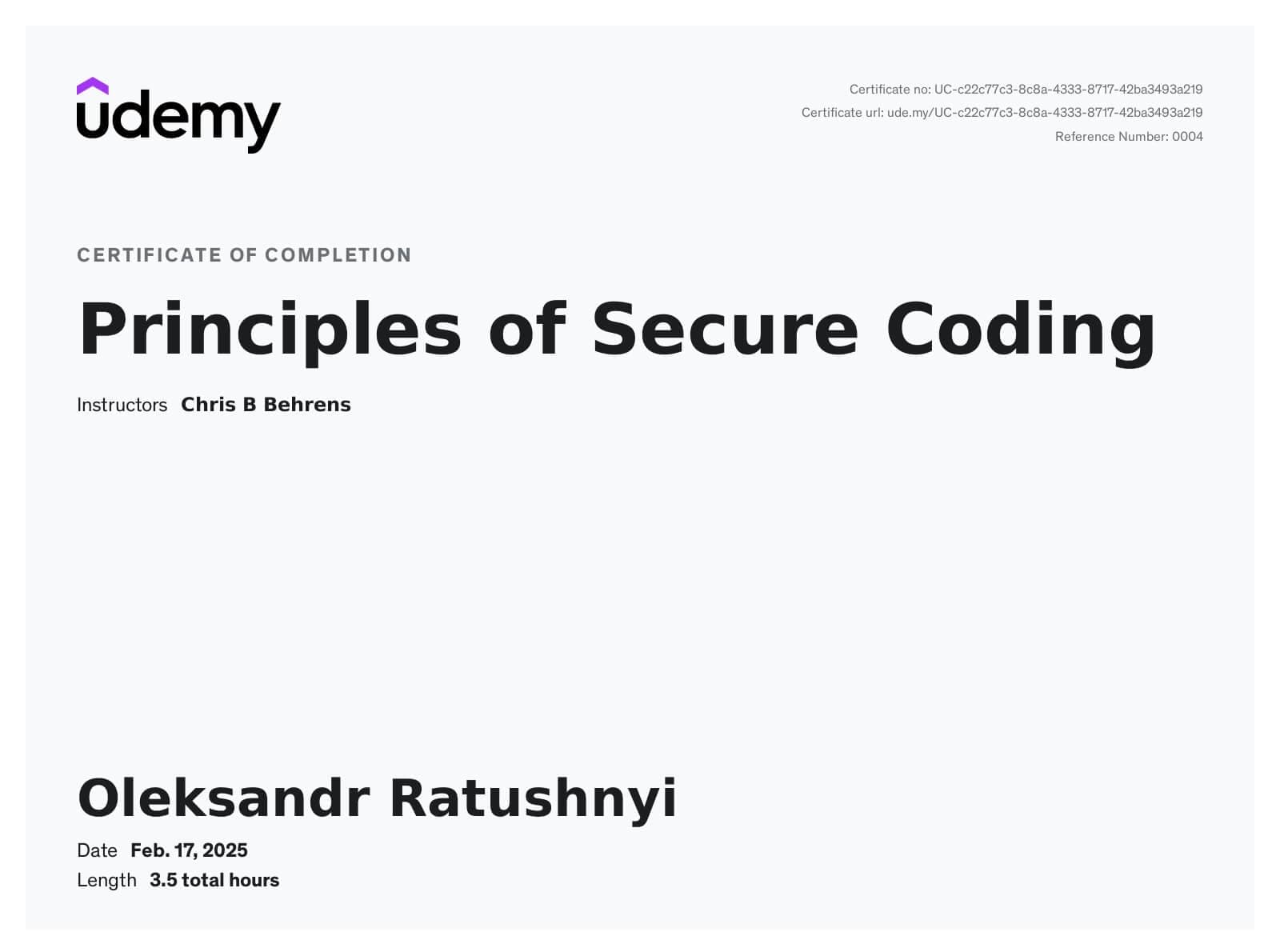 Oleksandr Ratushnyi Secure Coding Practices (Udemy)